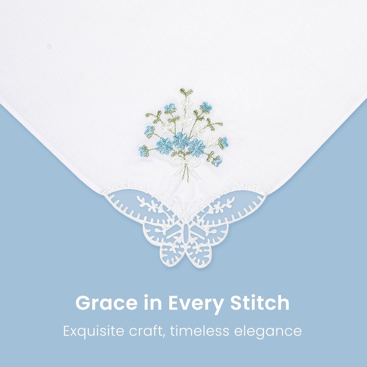 Women's Cotton Handkerchiefs Flower Embroidered with Lace, Ladies Hankies
