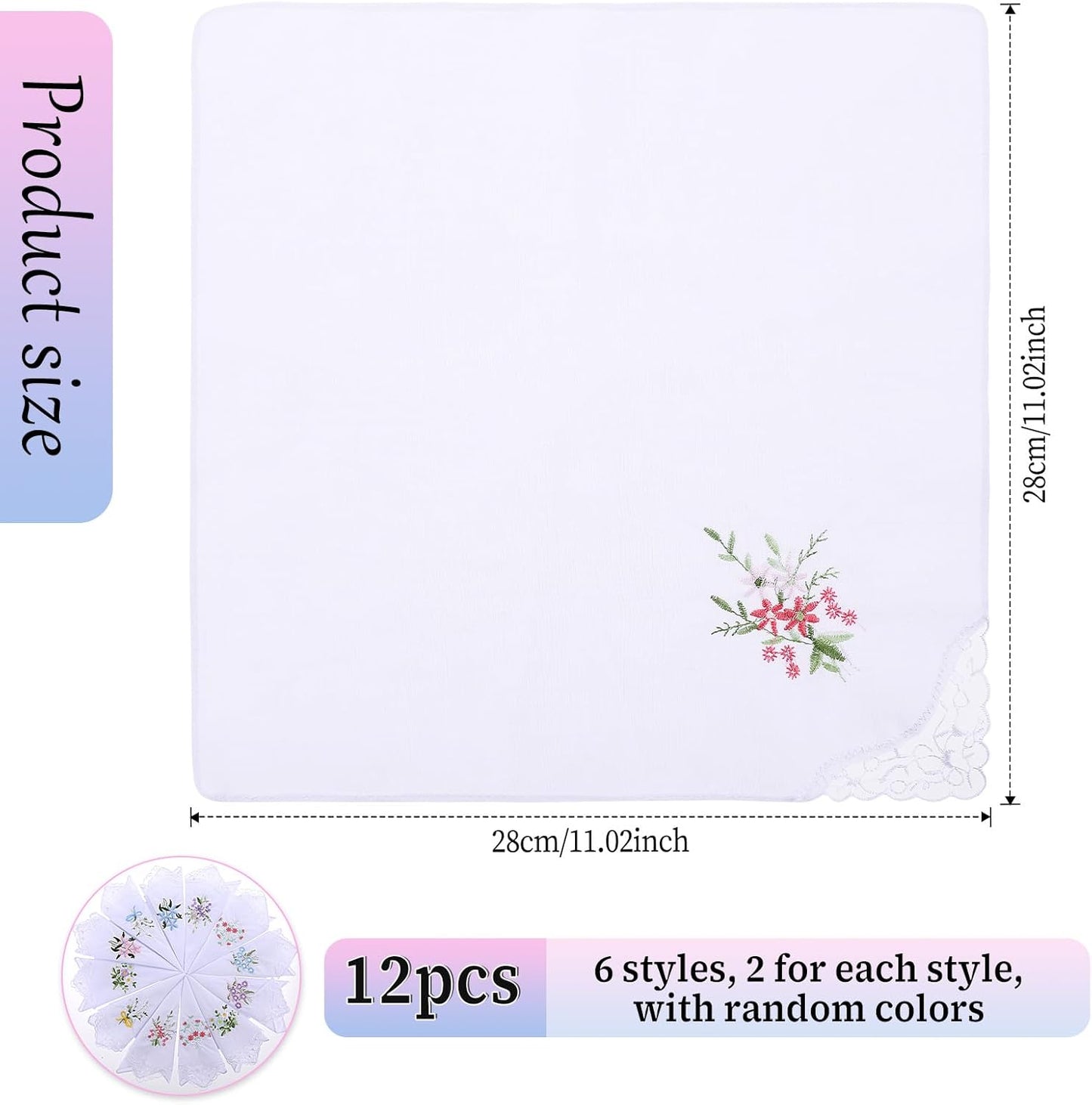 12pcs Handkerchiefs for Women, White Soft Cotton Women's Handkerchiefs Embroidery Ladies Hankies, Machine Wash Sweat Vintage Floral Lace Handkerchiefs Bulk for Women Wedding Party, White, 11*11inches
