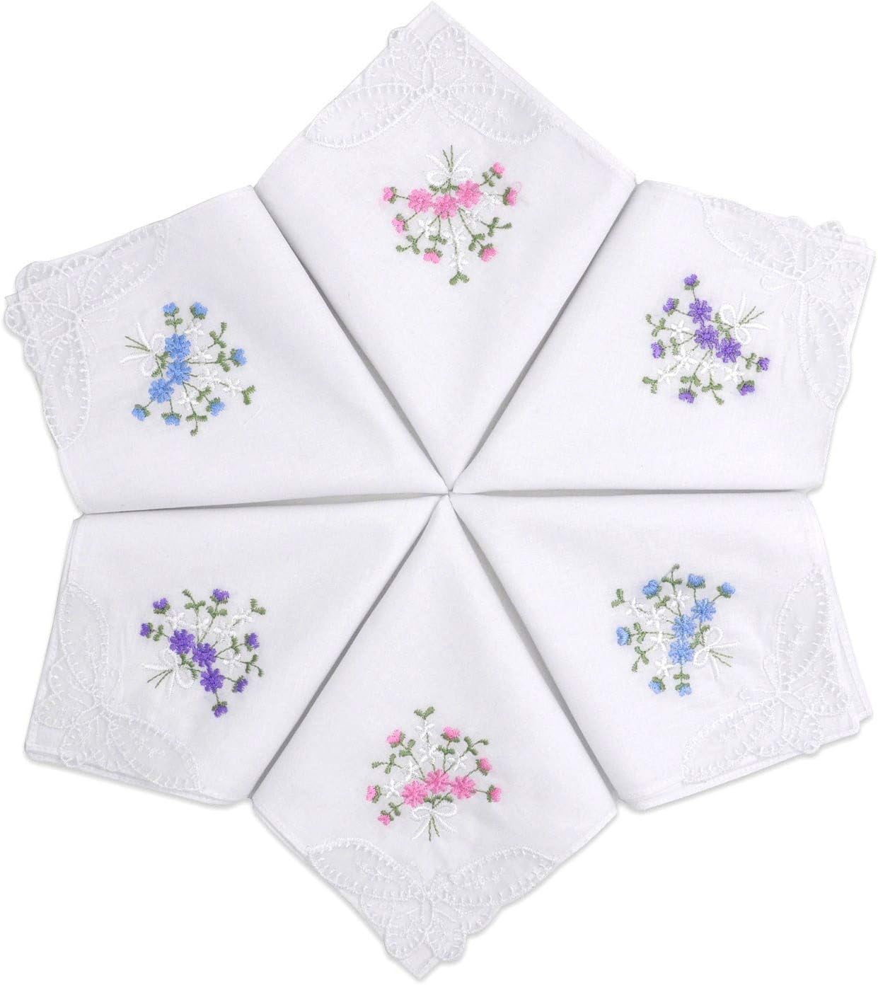 Women's Cotton Handkerchiefs Flower Embroidered with Lace, Ladies Hankies