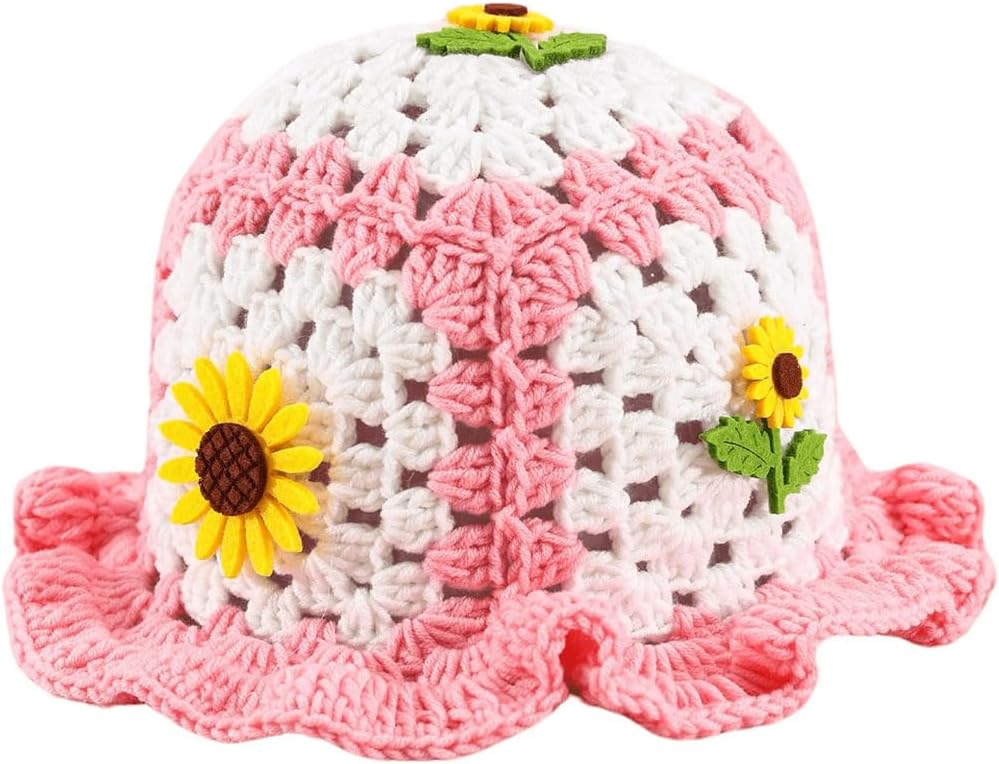 Women Floral Applique Crochet Bucket Hats Knit Caps