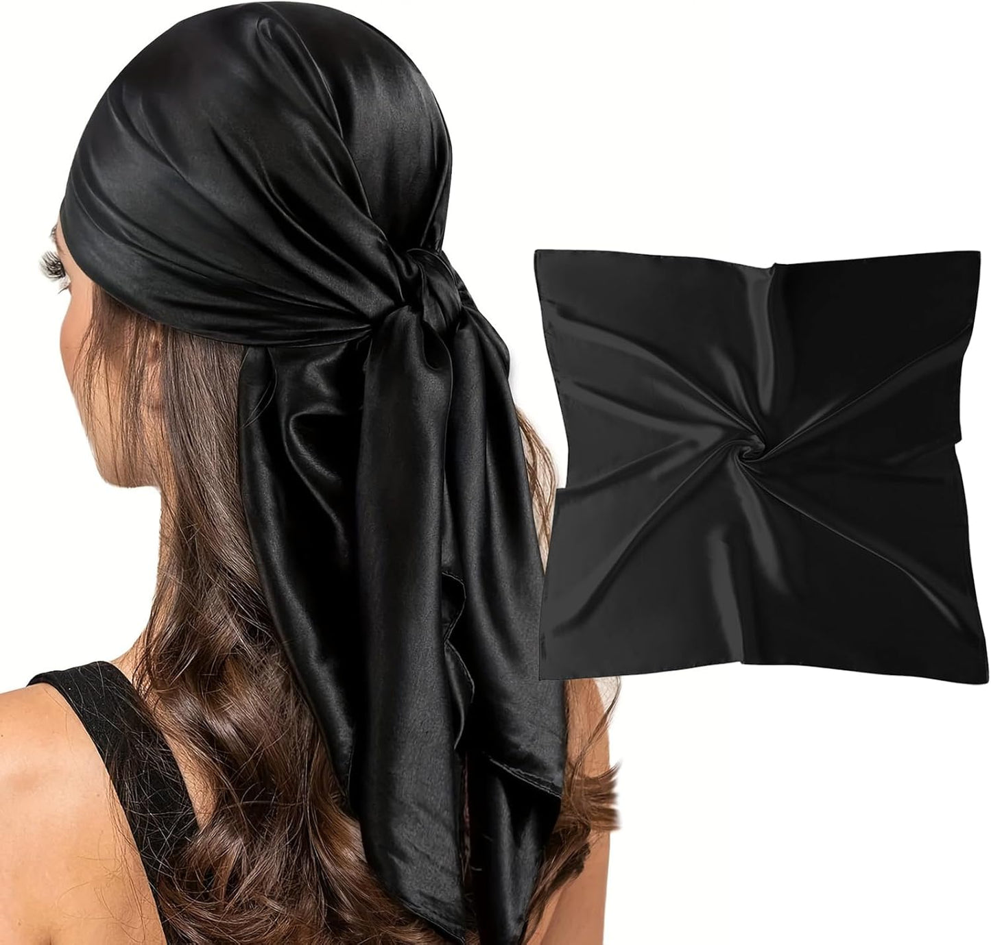 35" Square Silk Like Head Scarf - Women's Fashion Satin Scarf Bandana for Hair Wrapping at Night., A#. Black, 35'', A#. Black, 35''