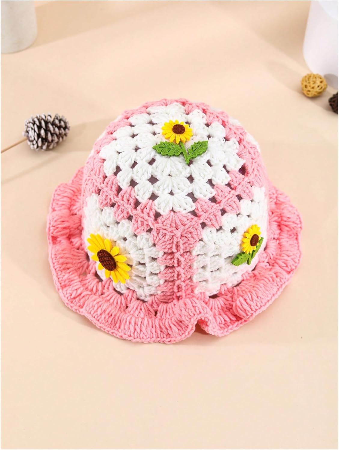 Women Floral Applique Crochet Bucket Hats Knit Caps