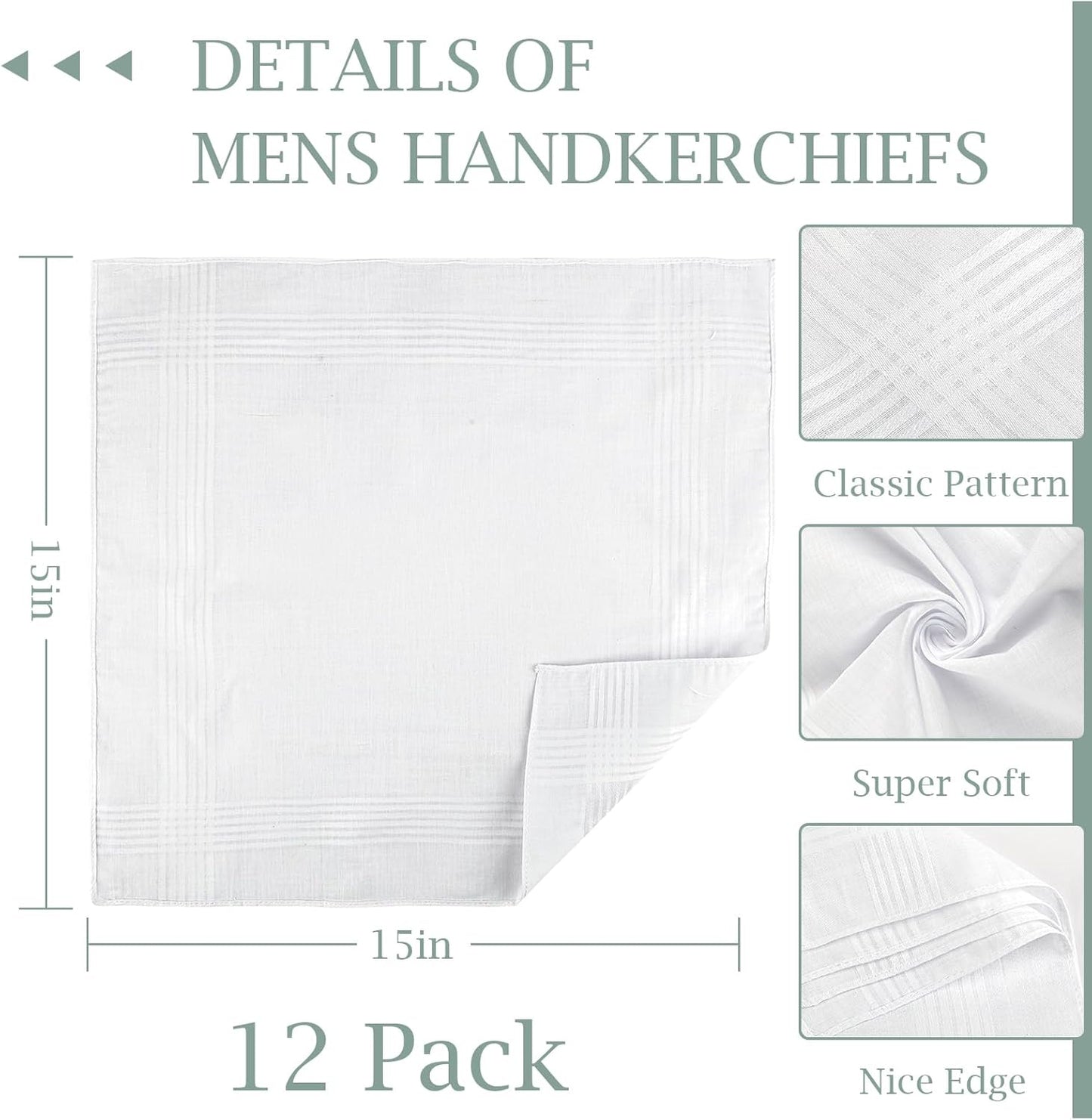 12 Pcs Handkerchiefs for Men, Soft Cotton Handkerchief for Men, Mens Handkerchiefs, White Handkerchiefs for Men (100% Cotton), White, 16x16 Inch